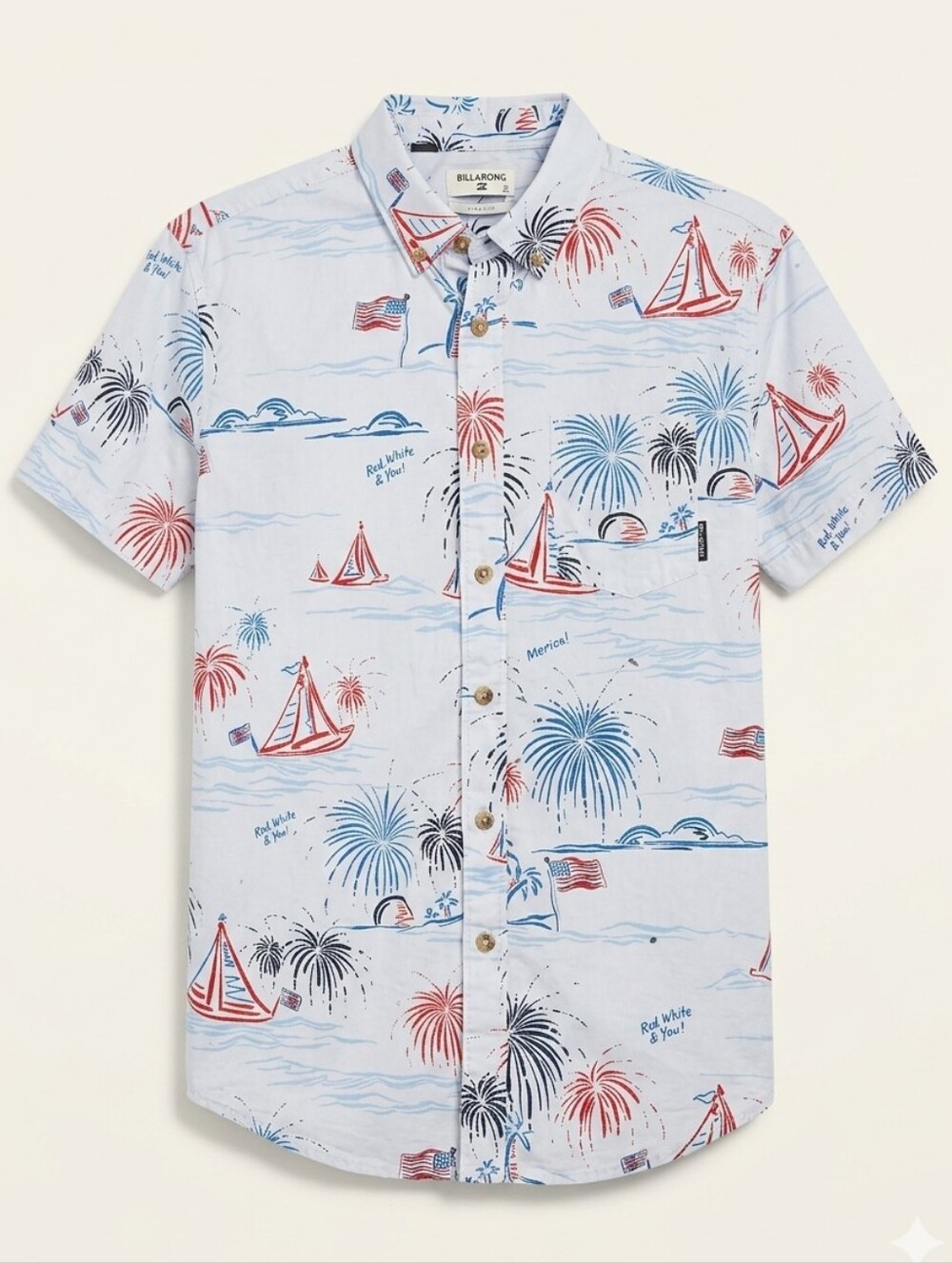 871. Billabong Men’s Medium 4th of July Patriotic Fireworks Stretch  Shirt